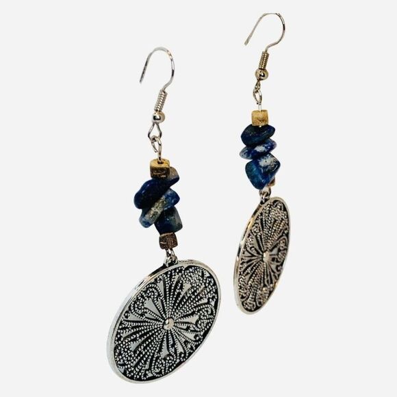 Lapis Lazuli Navy Blue Stone Paisley Flower Silver Tone Drop Dangle Earrings - Picture 5 of 5